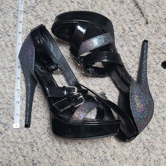 Black and Silver Glitter Open Toe Strap Heels - Picture 3 of 4
